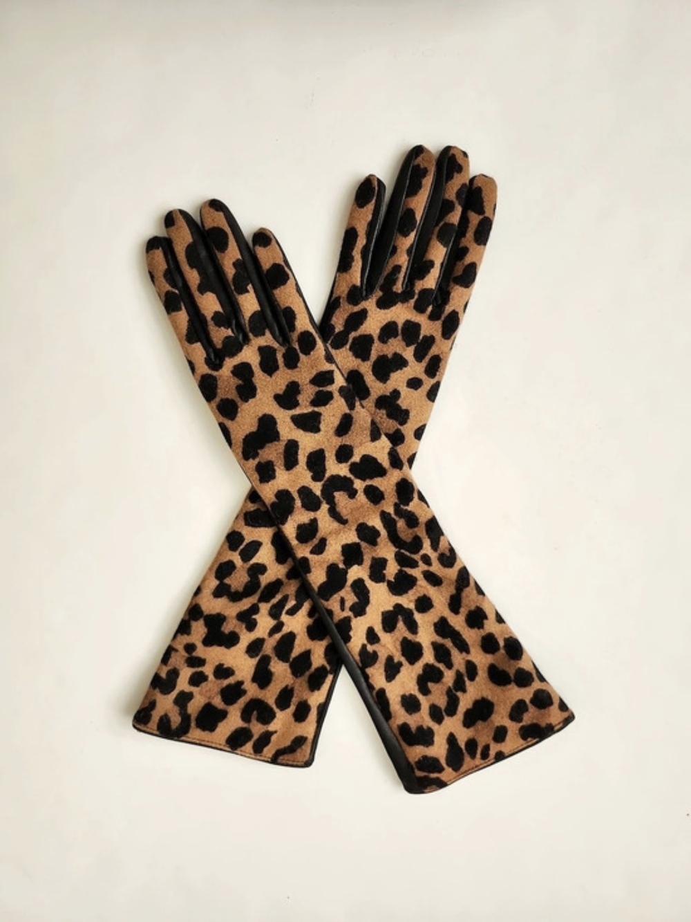 Leopard Print Long Cashmere Blend and Leather Gloves NEW